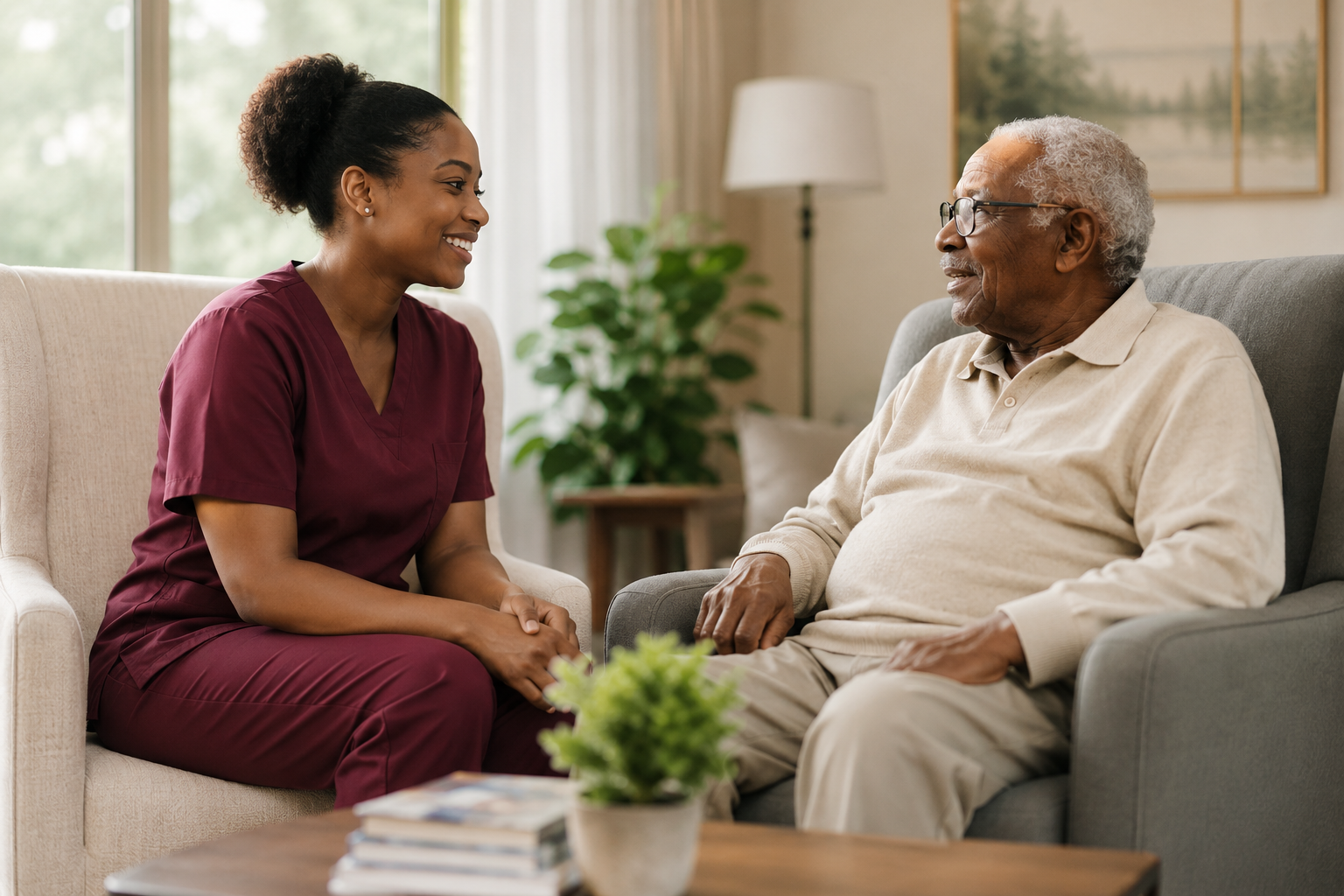 Caregiver speaking with a senior during a consultation